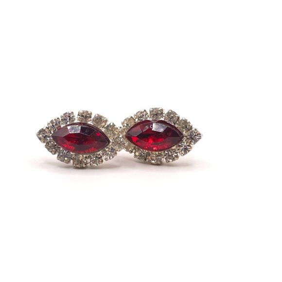 Vintage Ruby Red Rhinestone Stud Earrings With Silver-Tone Setting - Picture 4 of 7